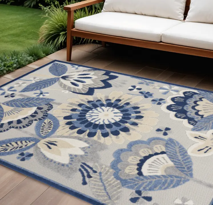 7' X 10' Blue And Gray Indoor Outdoor Area Rug