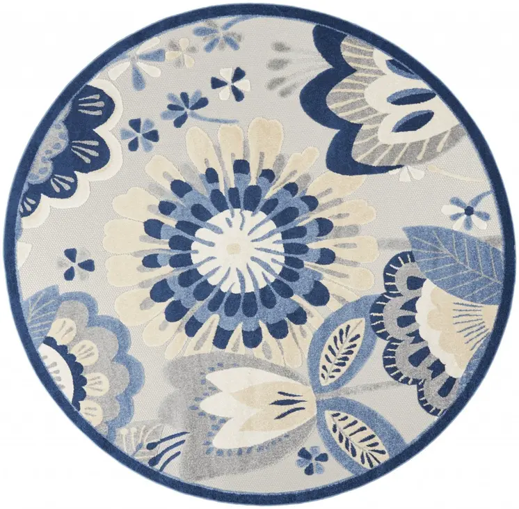 8' Blue And Gray Round Indoor Outdoor Area Rug