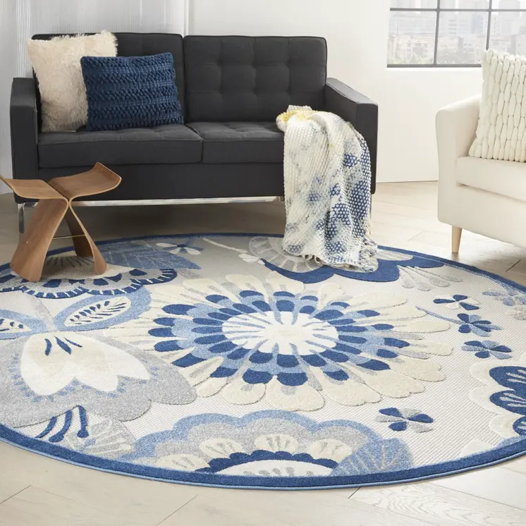 8' Blue And Gray Round Indoor Outdoor Area Rug