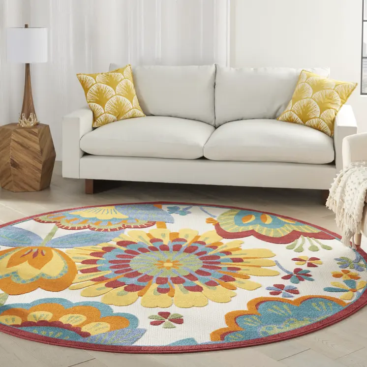 8' Yellow And Ivory Round Indoor Outdoor Area Rug