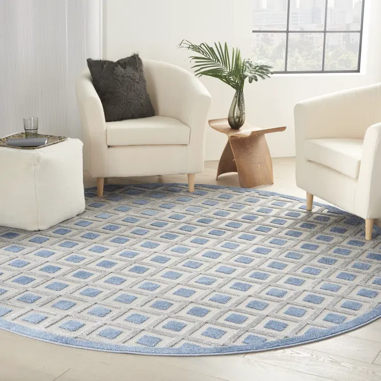 8' Blue And Gray Round Indoor Outdoor Area Rug