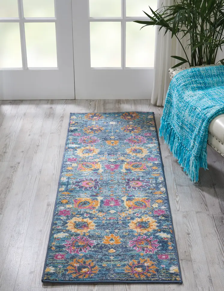 6' Blue And Orange Floral Distressed Runner Rug