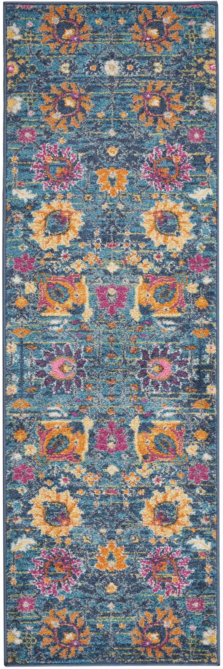 6' Blue And Orange Floral Distressed Runner Rug