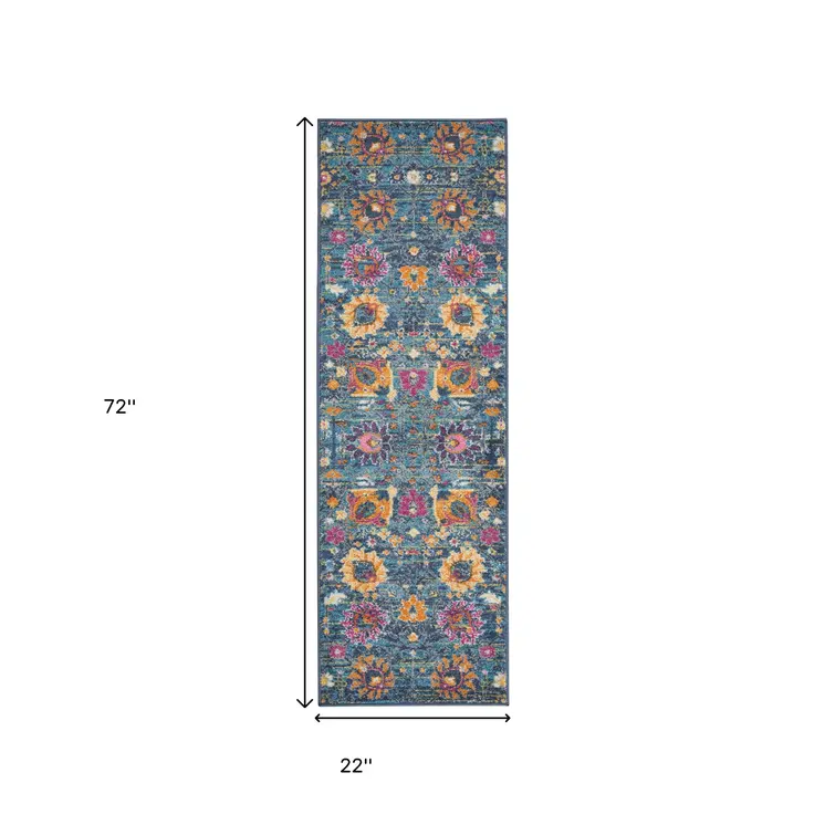 6' Blue And Orange Floral Distressed Runner Rug