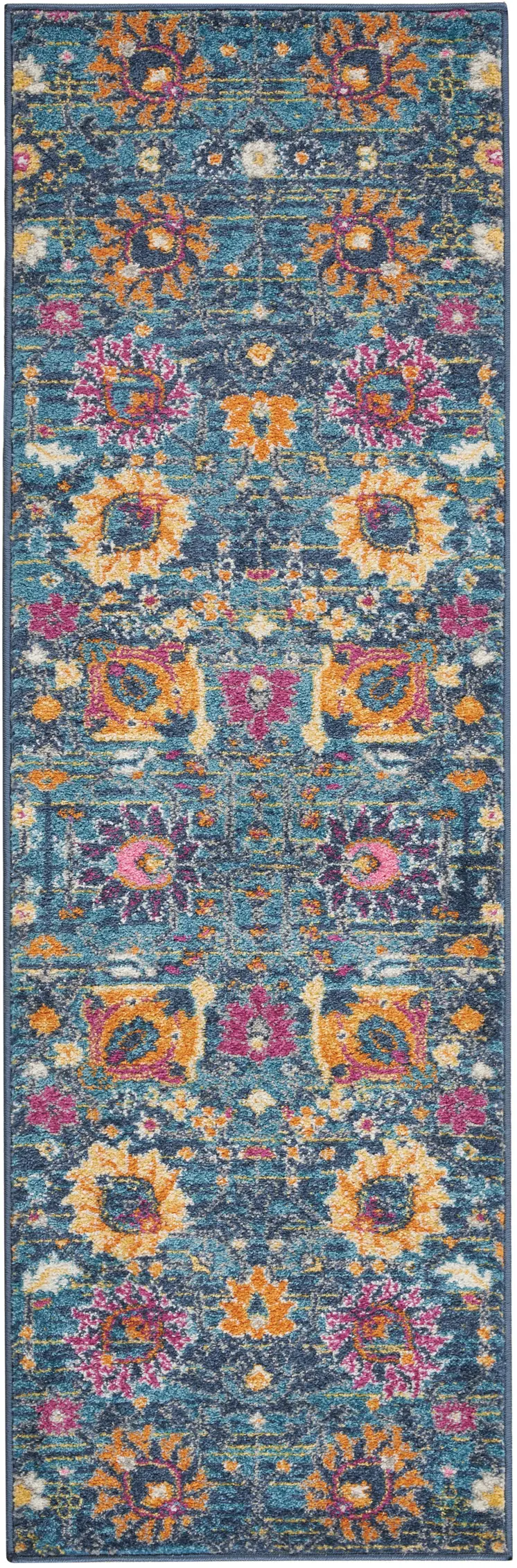6' Blue And Orange Floral Distressed Runner Rug