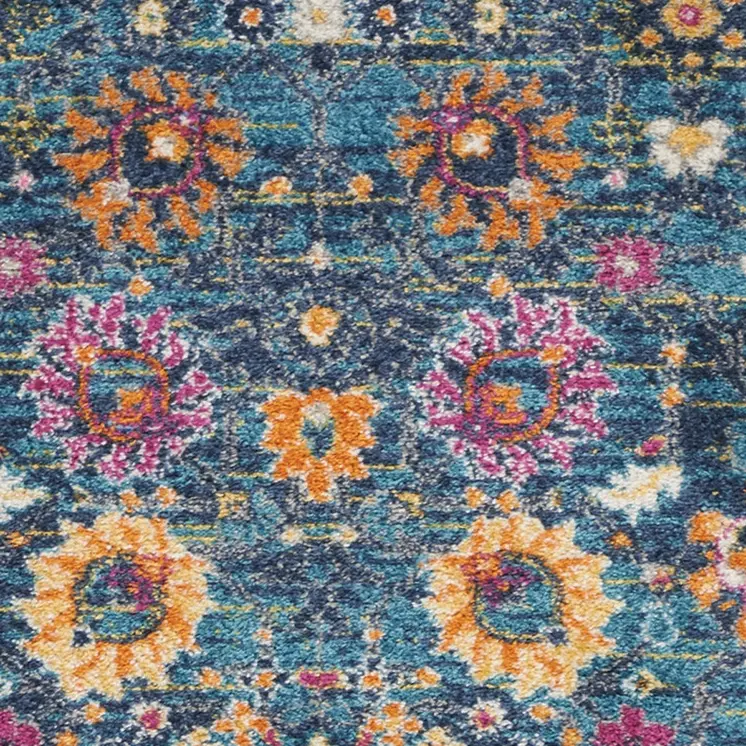 10' Blue And Orange Floral Distressed Runner Rug