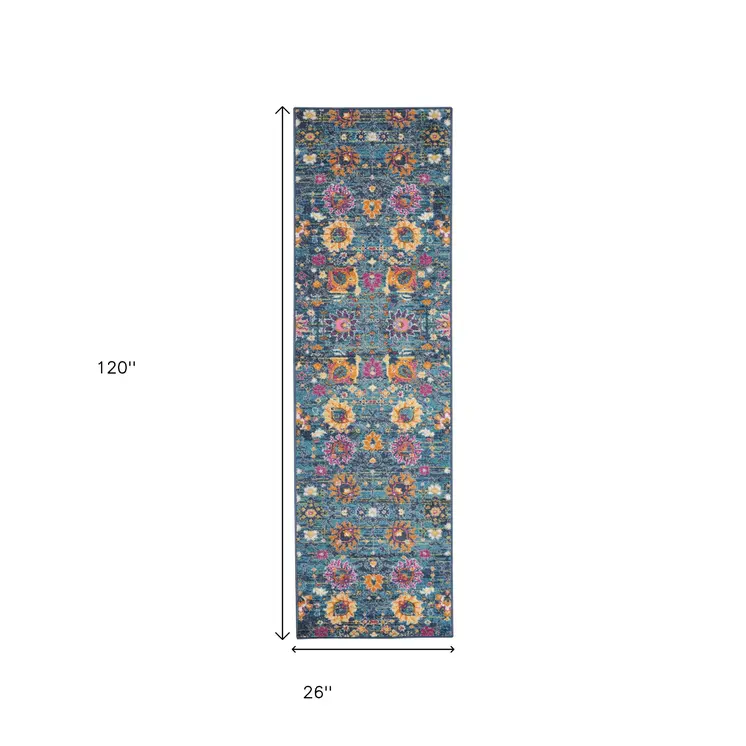 10' Blue And Orange Floral Distressed Runner Rug