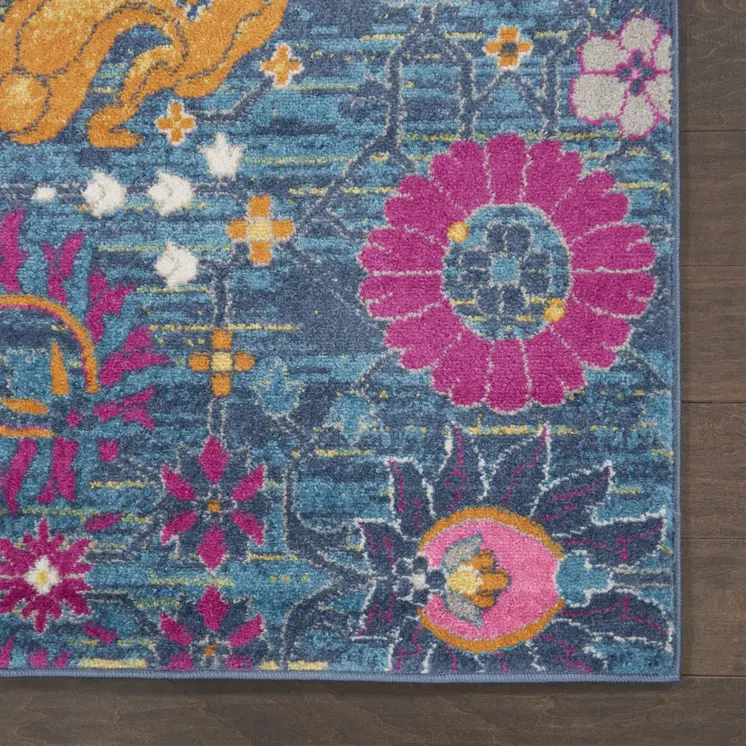 10' Blue And Orange Floral Distressed Runner Rug