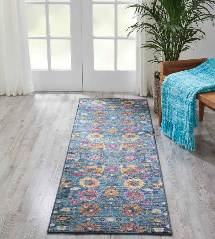 10' Blue And Orange Floral Distressed Runner Rug