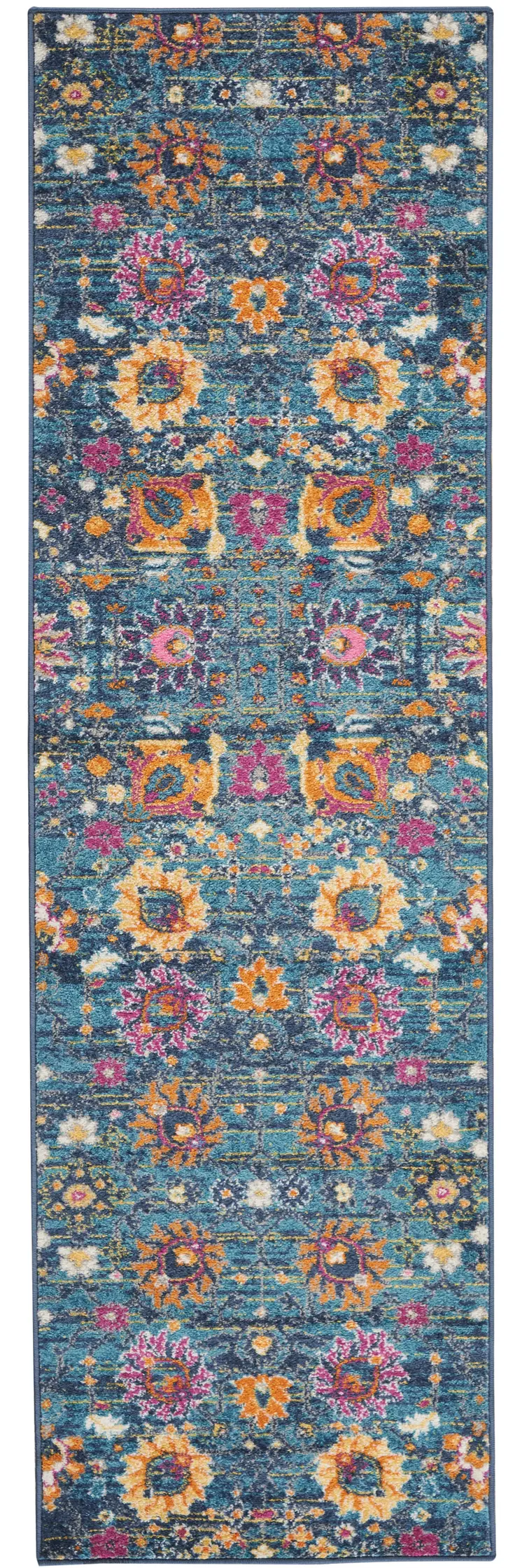 10' Blue And Orange Floral Distressed Runner Rug