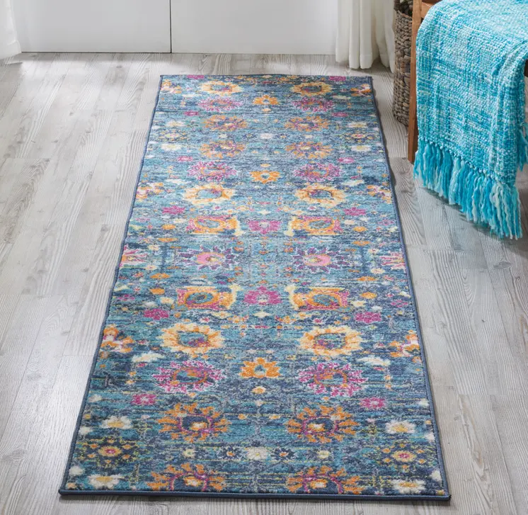 10' Blue And Orange Floral Distressed Runner Rug