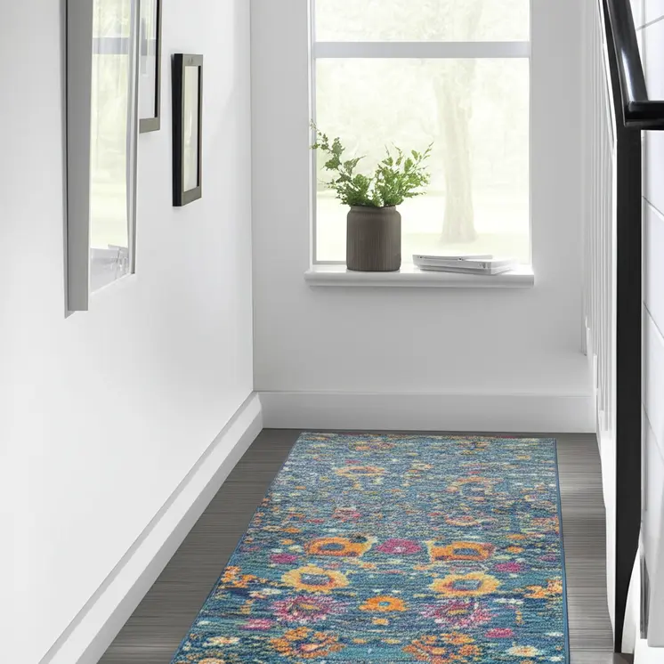 10' Blue And Orange Floral Distressed Runner Rug