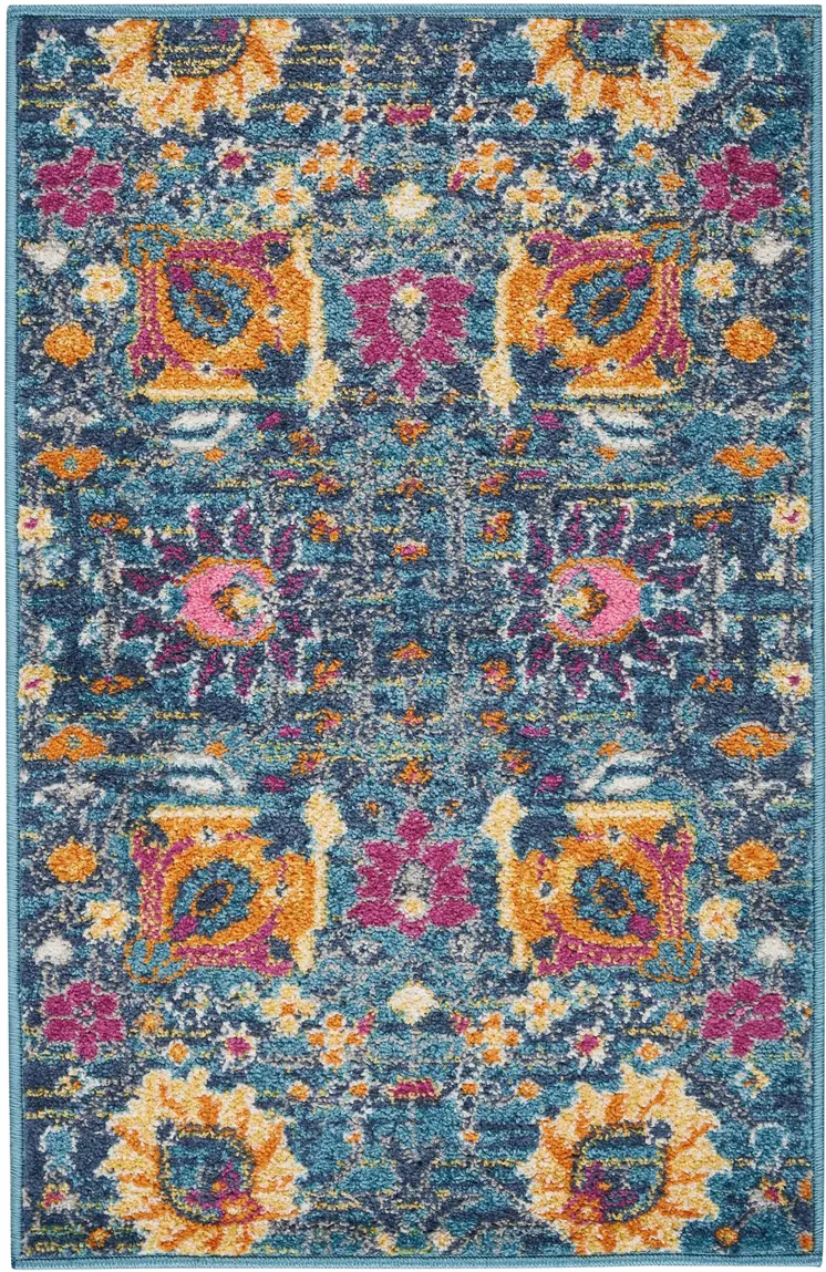 2' X 3' Blue And Orange Floral Distressed Area Rug