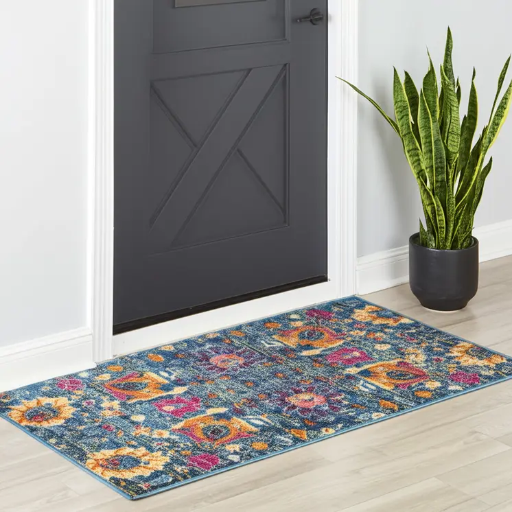 2' X 3' Blue And Orange Floral Distressed Area Rug