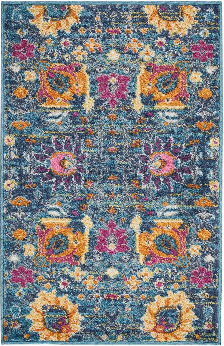 2' X 3' Blue And Orange Floral Distressed Area Rug