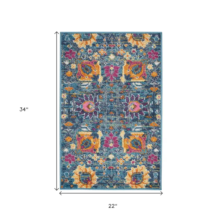 2' X 3' Blue And Orange Floral Distressed Area Rug