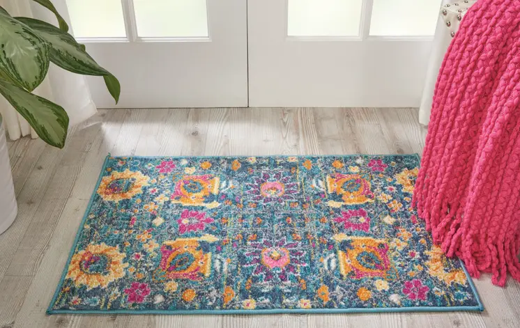 2' X 3' Blue And Orange Floral Distressed Area Rug