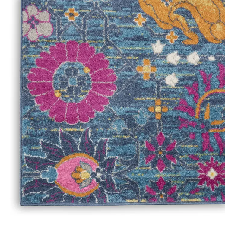 8' Blue And Orange Floral Distressed Runner Rug