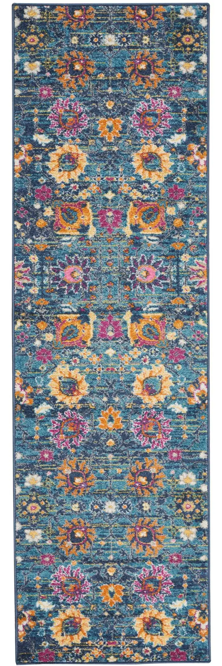 8' Blue And Orange Floral Distressed Runner Rug