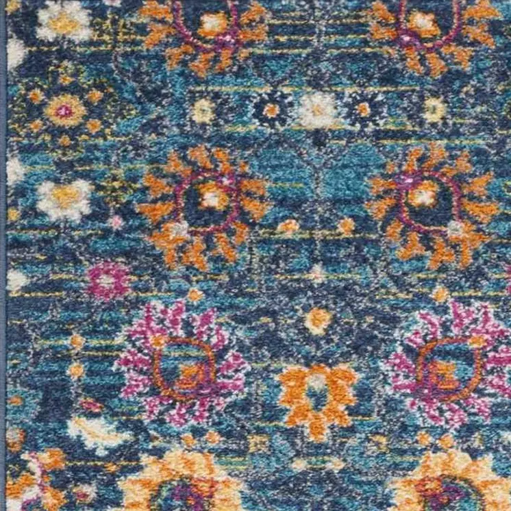 8' Blue And Orange Floral Distressed Runner Rug