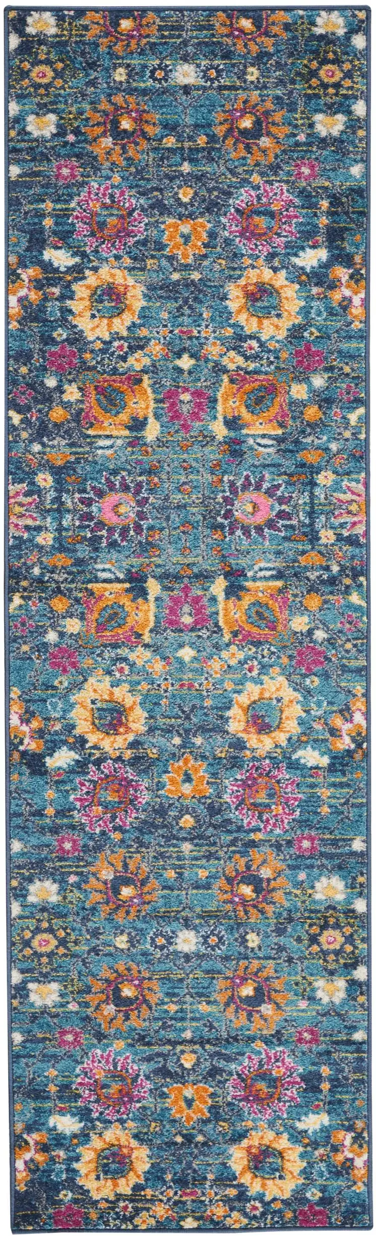 8' Blue And Orange Floral Distressed Runner Rug