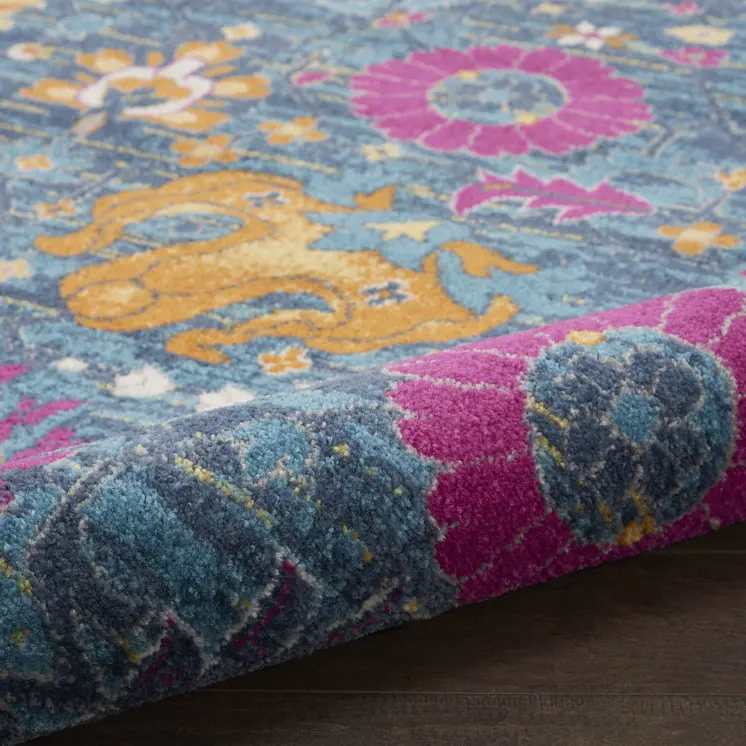 4' X 6' Blue And Orange Floral Distressed Area Rug