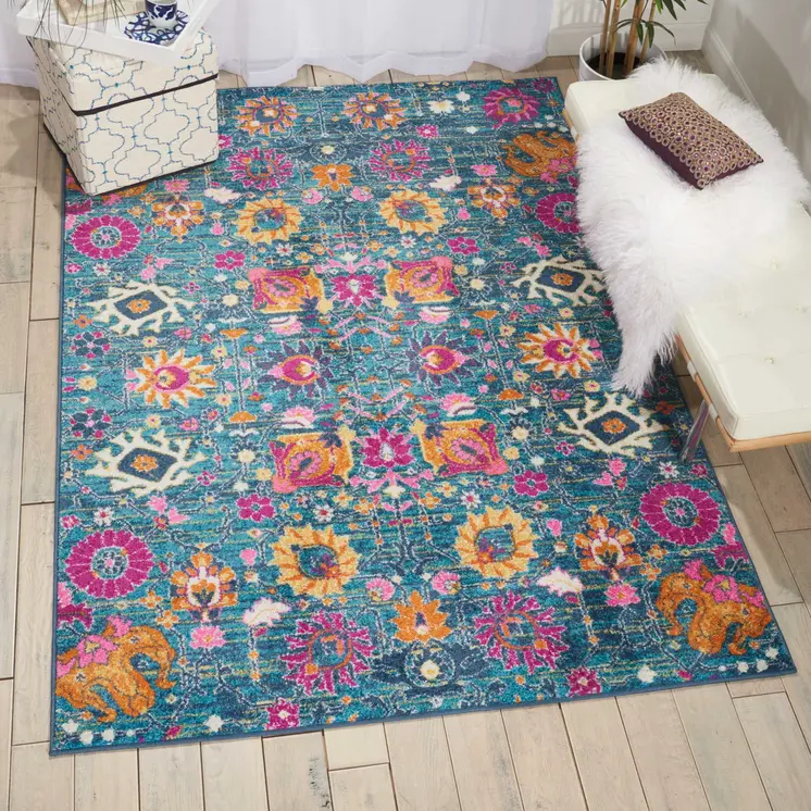 4' X 6' Blue And Orange Floral Distressed Area Rug