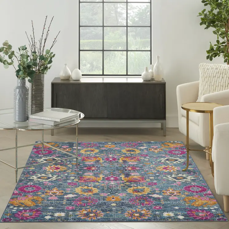 4' X 6' Blue And Orange Floral Distressed Area Rug
