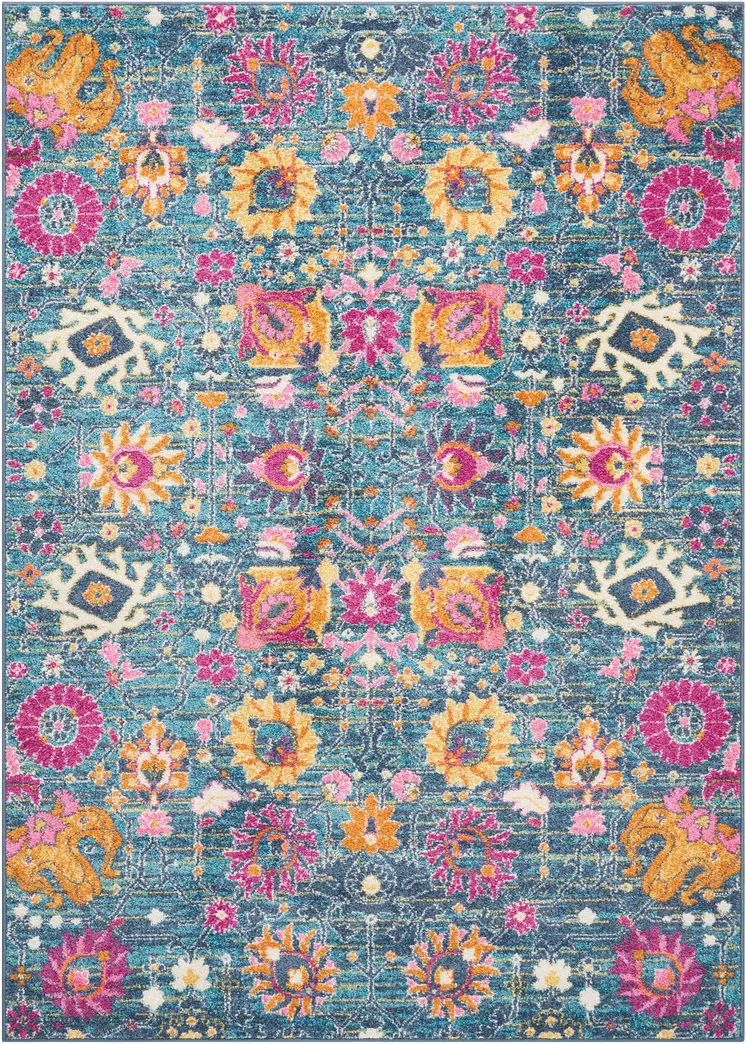 4' X 6' Blue And Orange Floral Distressed Area Rug