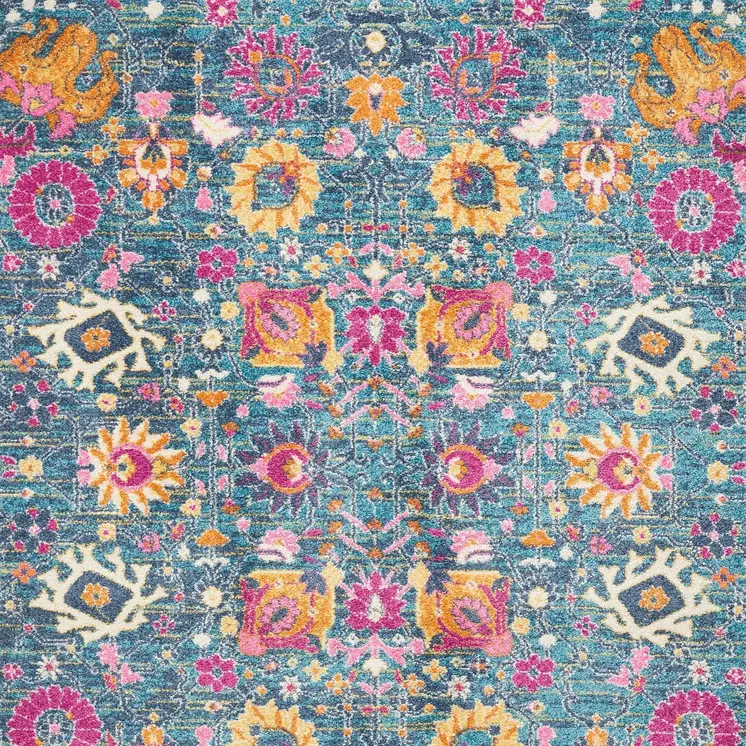 4' X 6' Blue And Orange Floral Distressed Area Rug