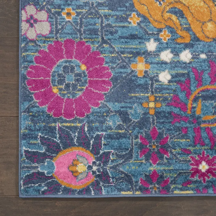 4' X 6' Blue And Orange Floral Distressed Area Rug