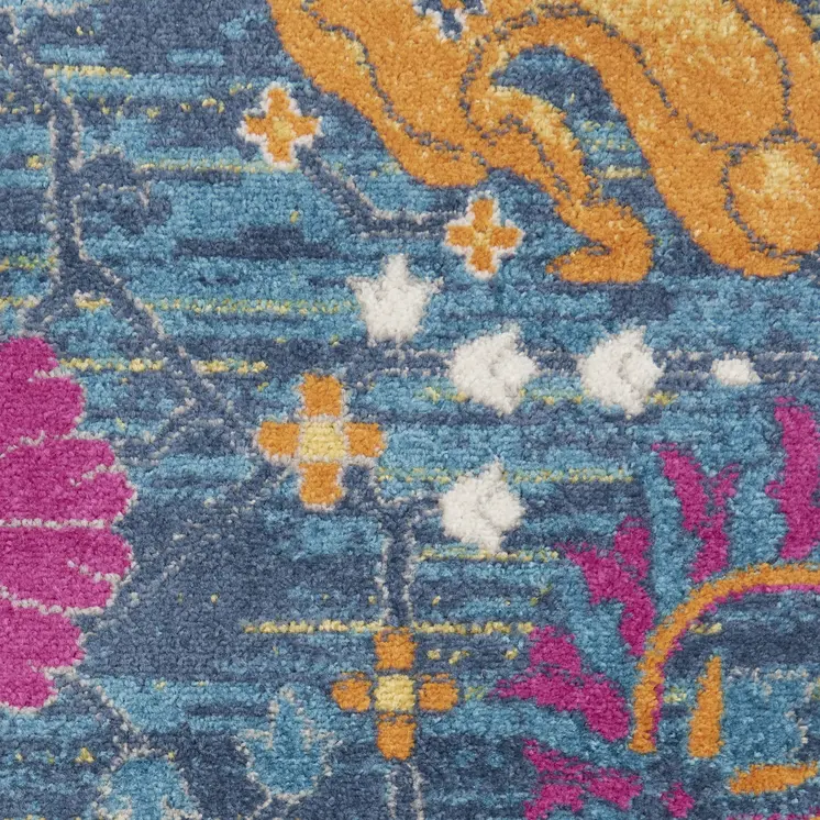 4' X 6' Blue And Orange Floral Distressed Area Rug