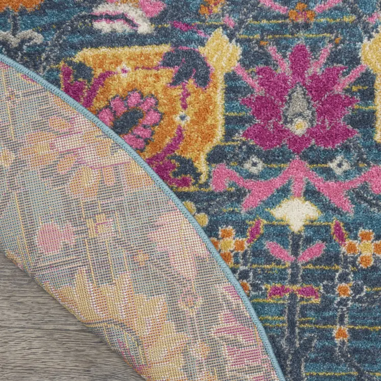 4' Blue And Orange Floral Distressed Round Rug