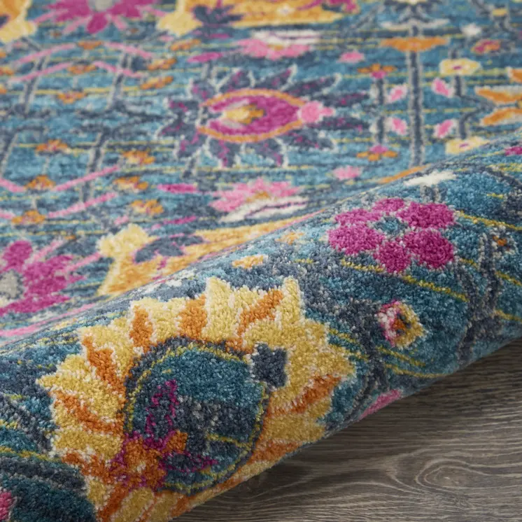 4' Blue And Orange Floral Distressed Round Rug