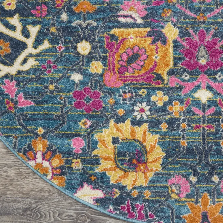 4' Blue And Orange Floral Distressed Round Rug