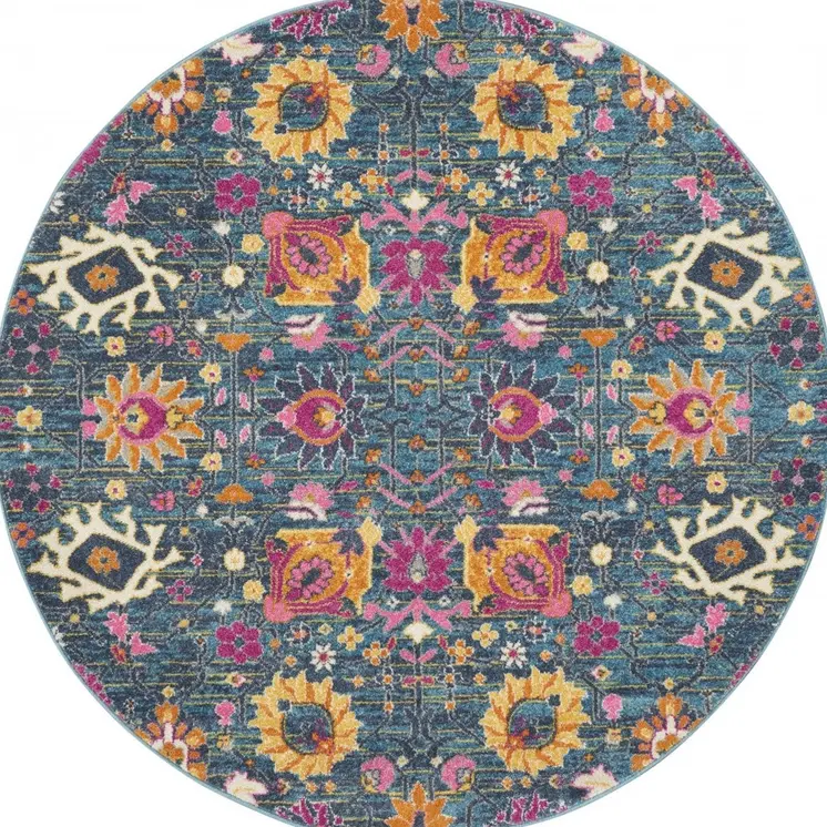 4' Blue And Orange Floral Distressed Round Rug