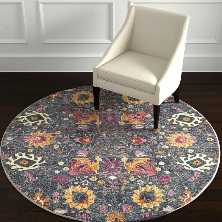 4' Blue And Orange Floral Distressed Round Rug