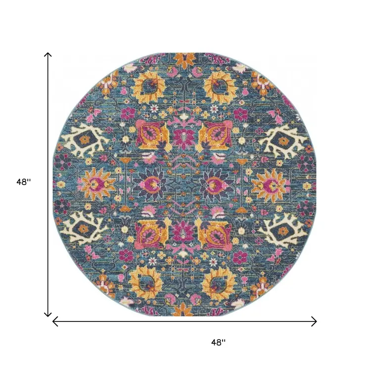 4' Blue And Orange Floral Distressed Round Rug