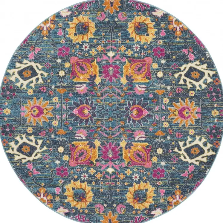 4' Blue And Orange Floral Distressed Round Rug