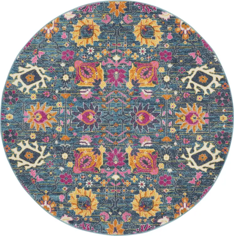4' Blue And Orange Floral Distressed Round Rug