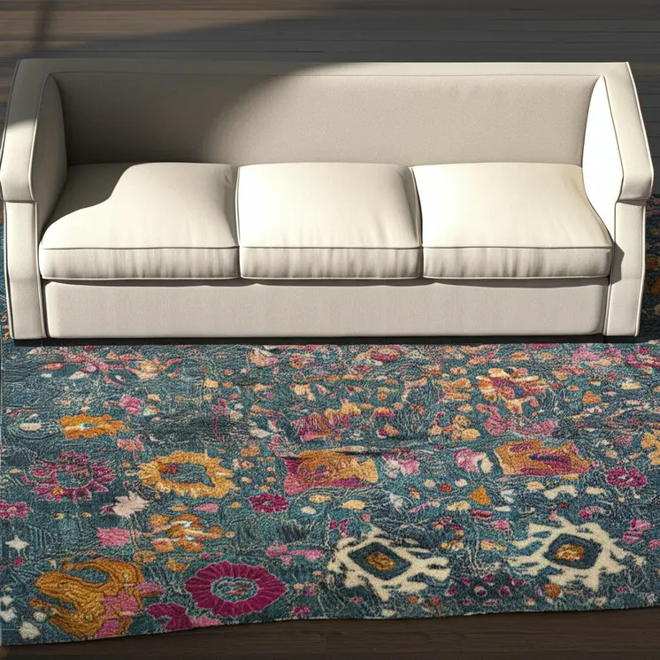 5' X 7' Blue And Orange Floral Distressed Area Rug