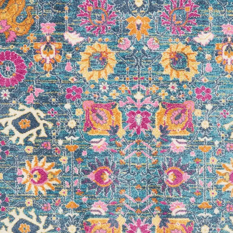 5' X 7' Blue And Orange Floral Distressed Area Rug