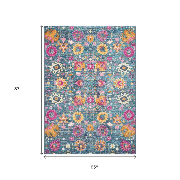 5' X 7' Blue And Orange Floral Distressed Area Rug