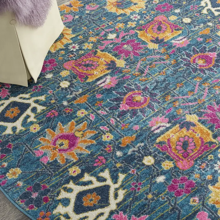 5' Blue And Orange Floral Distressed Round Rug