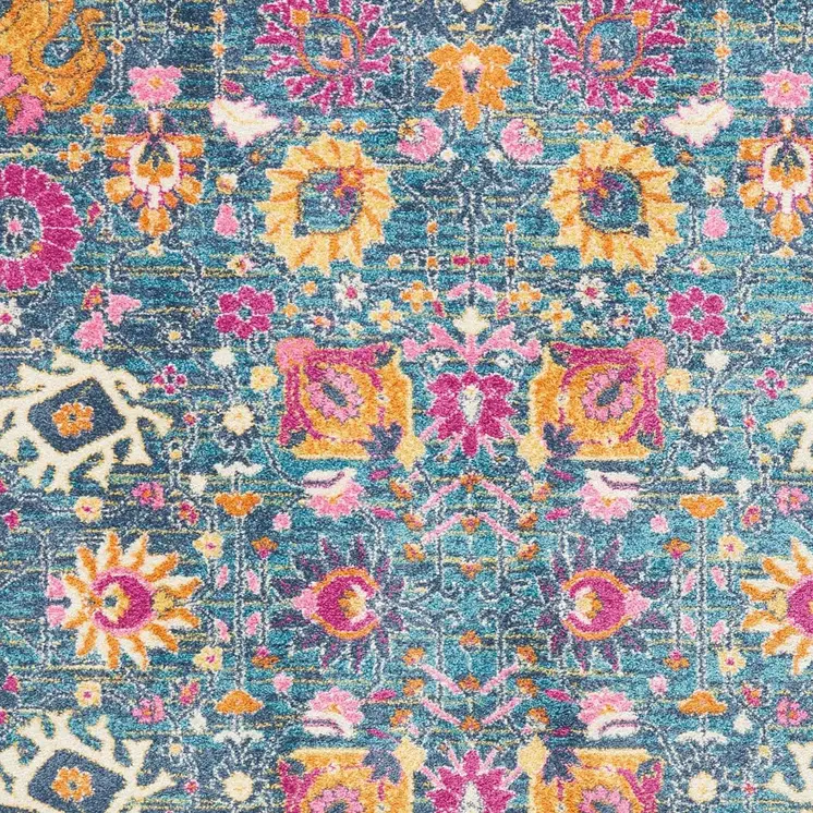 7' X 10' Blue And Orange Floral Distressed Area Rug
