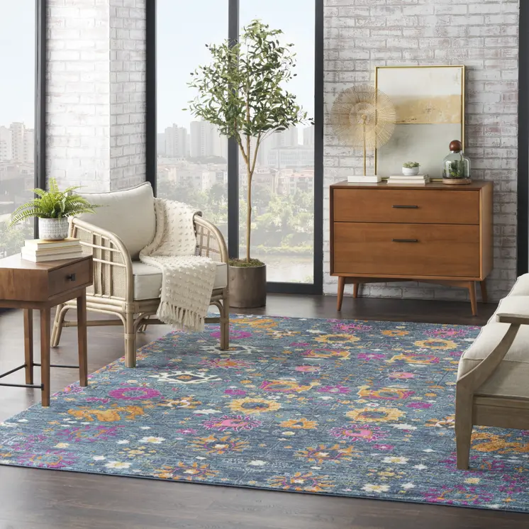 8' X 10' Blue And Orange Floral Distressed Area Rug