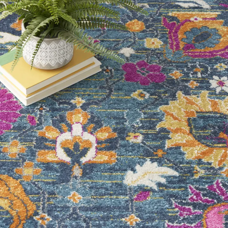 8' X 10' Blue And Orange Floral Distressed Area Rug