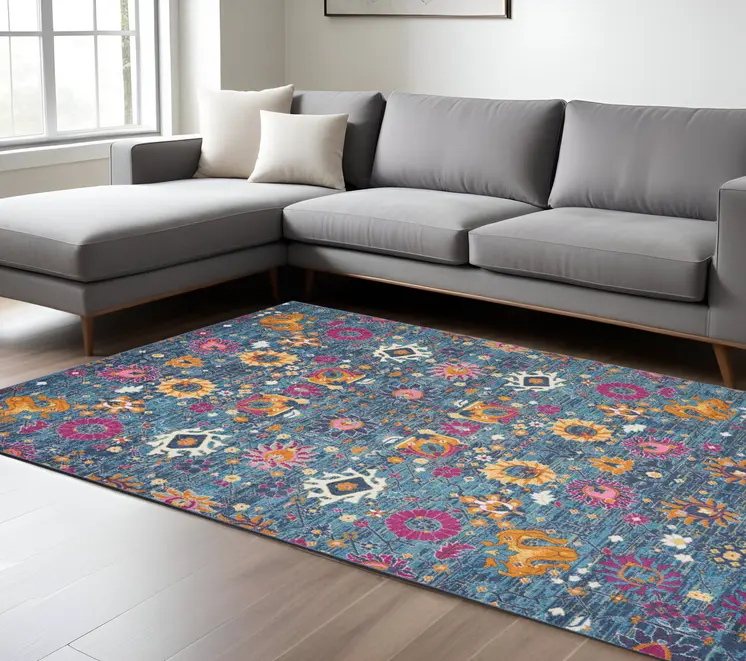8' X 10' Blue And Orange Floral Distressed Area Rug