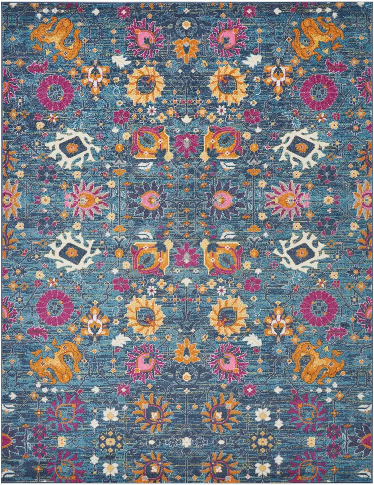 8' X 10' Blue And Orange Floral Distressed Area Rug