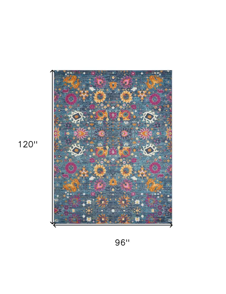 8' X 10' Blue And Orange Floral Distressed Area Rug
